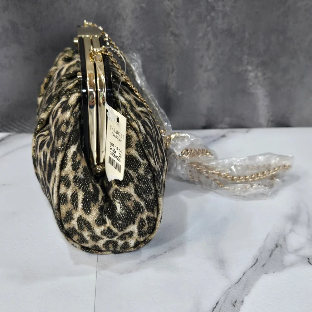 NWT Talbots Leopard Print Metallic Silk Blend Clutch Bag Gold Chain Cocktail